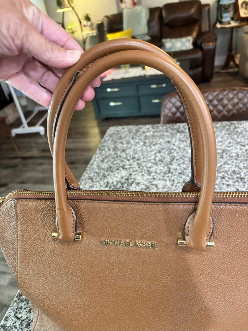 Michael Kors Cognac Pebbled Leather Satchel with Gold Hardware